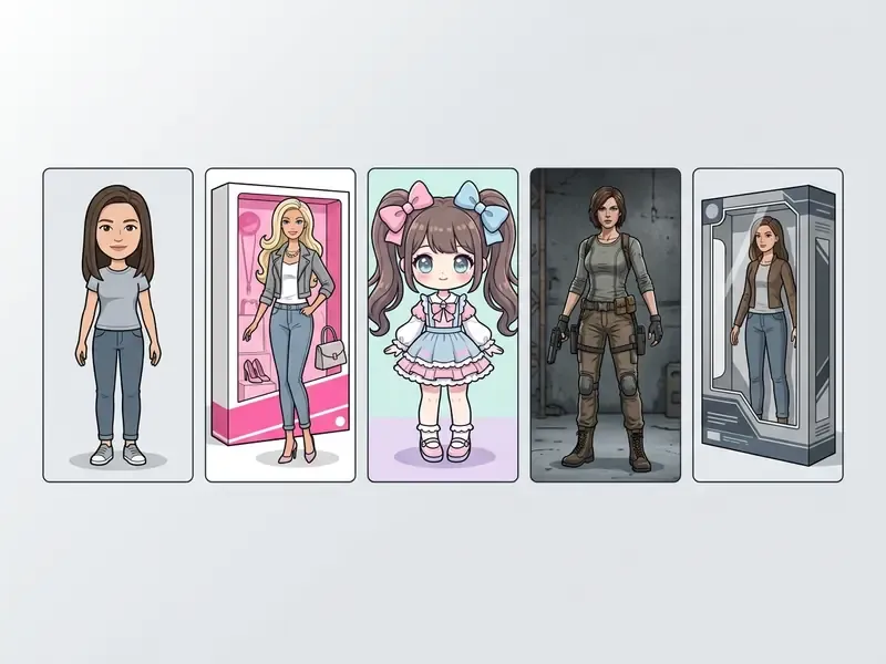 Five distinct doll styles displayed side by side as examples of an ai doll generator output