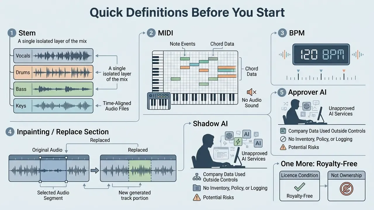 Infographic explaining audio terms like stems, MIDI, BPM, inpainting, Shadow AI, and royalty-free licenses