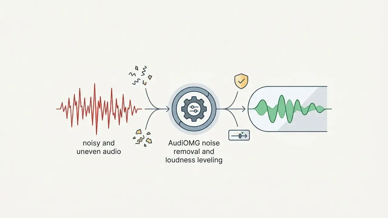 Noisy audio waveform being processed through a gear hub to produce clean and leveled sound waves
