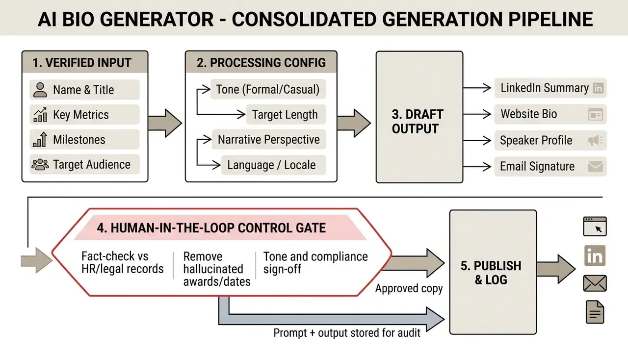 Flowchart showing the five stages of an AI bio generator pipeline from input to final publication and audit