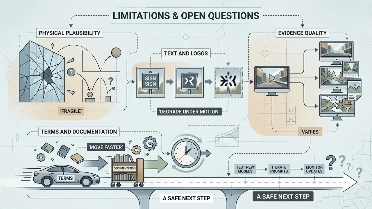 Summary of technical challenges including physical plausibility, text degradation, and changing terms