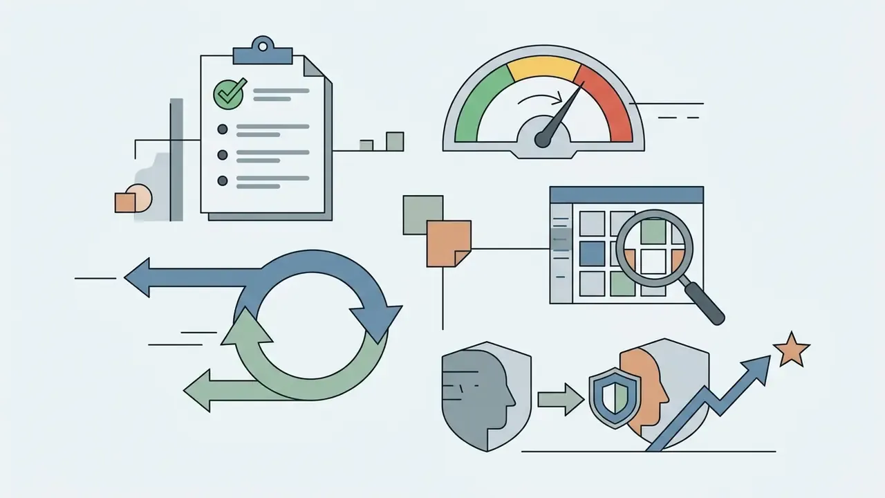 Checklist, gauge, magnifying glass over a grid, circular arrows, and profile icons with an upward arrow