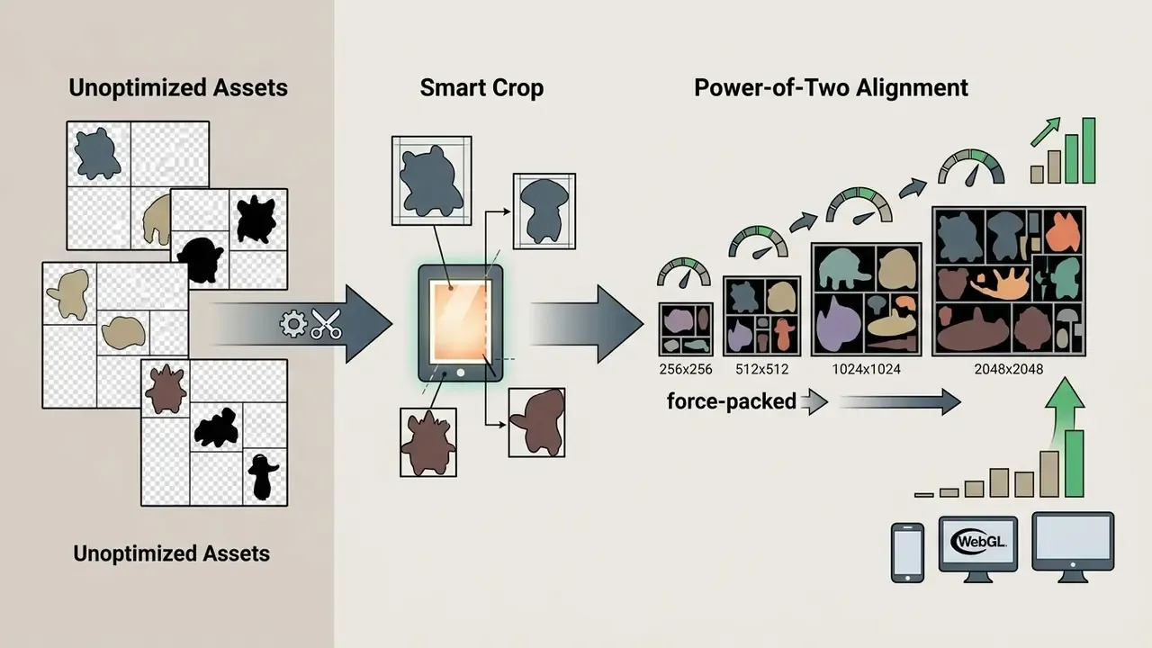 Process showing unoptimized assets being cropped and packed into power-of-two texture dimensions
