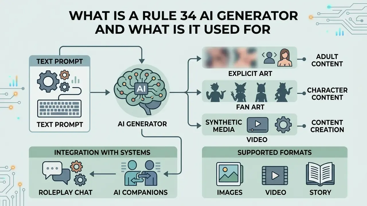 Flowchart showing how a rule 34 AI generator converts text prompts into various forms of adult media