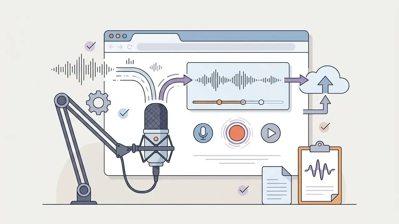 Studio microphone recording audio into a browser interface that uploads sound waves to the cloud