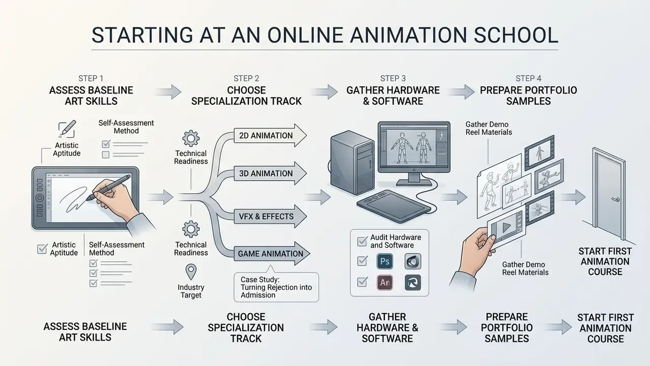 Four steps for starting at an online animation school including skill assessment and portfolio preparation