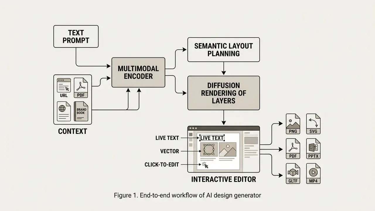 Process diagram showing how text and context inputs are transformed into editable layouts and file exports