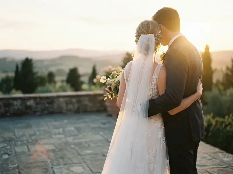 realistic ai couple photo in wedding attire at sunset