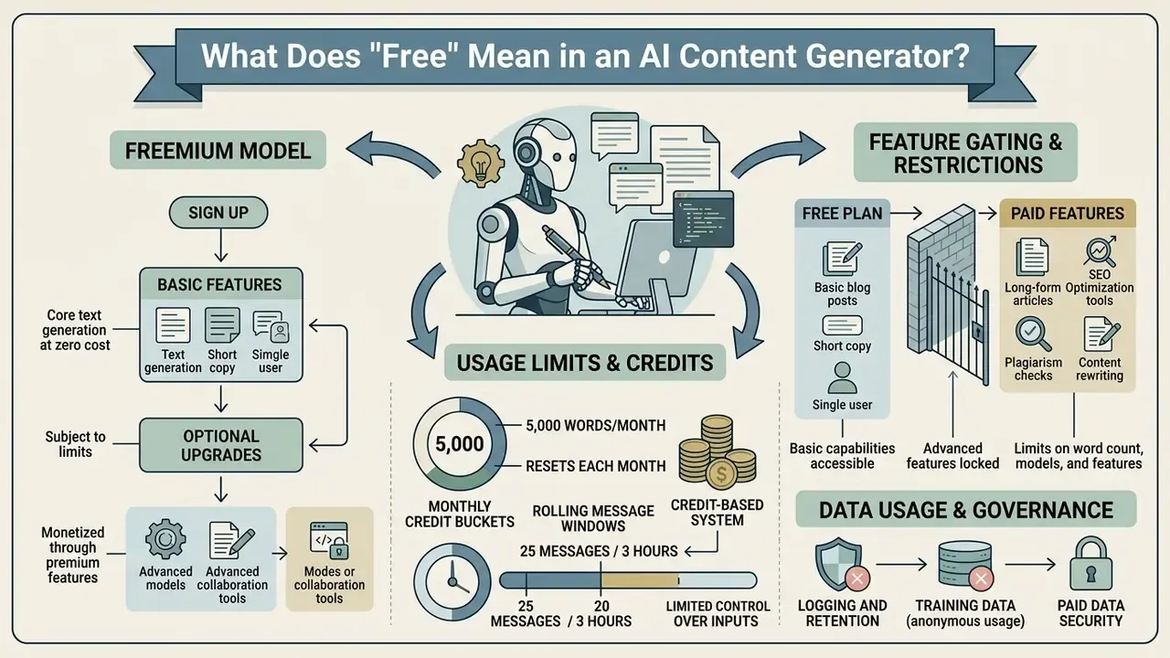 Infographic showing how a free AI content generator uses freemium models, usage limits, and feature gating
