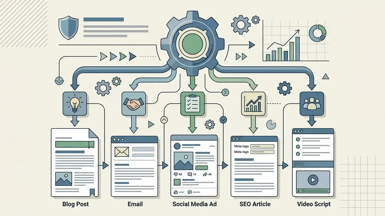 Central gear mechanism distributing content tasks to blog posts, emails, social media, SEO, and video scripts