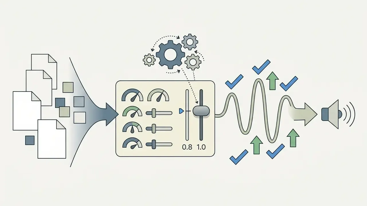 Documents feeding into a control panel with sliders and gears to modulate audio wave output