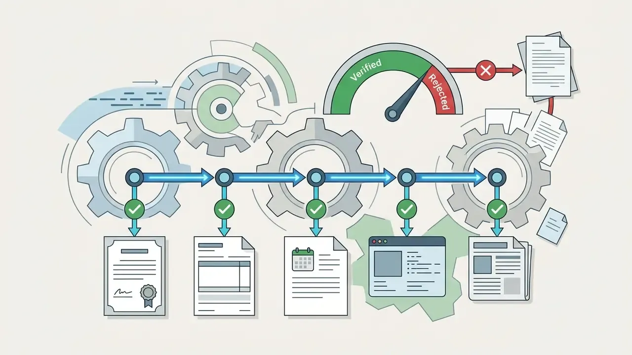 Gears and a verification gauge processing source documents into a series of confirmed project records