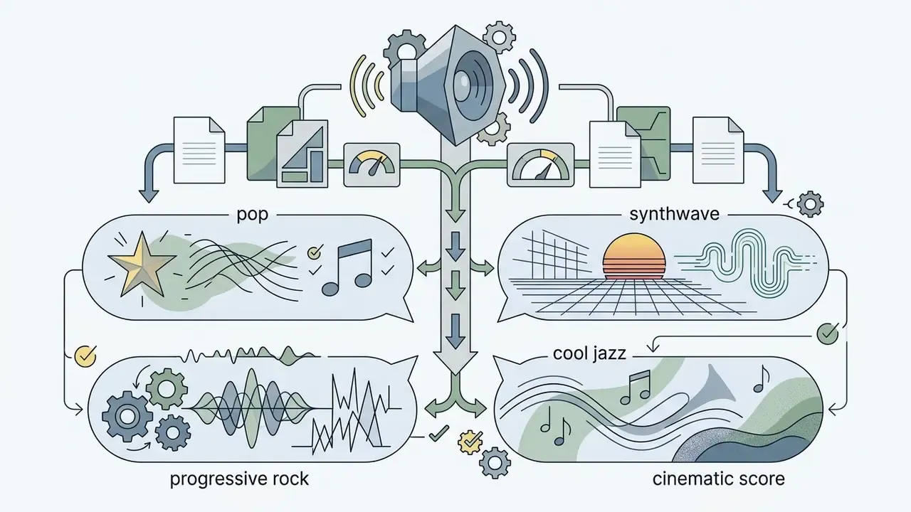 Central speaker icon branching into four distinct speech bubbles representing pop, synthwave, jazz, and rock