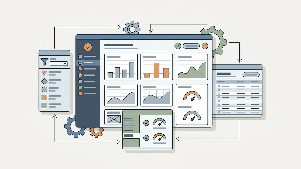 Dashboard interface wireframe with data grids, charts, and filtering sidebars connected by gear icons