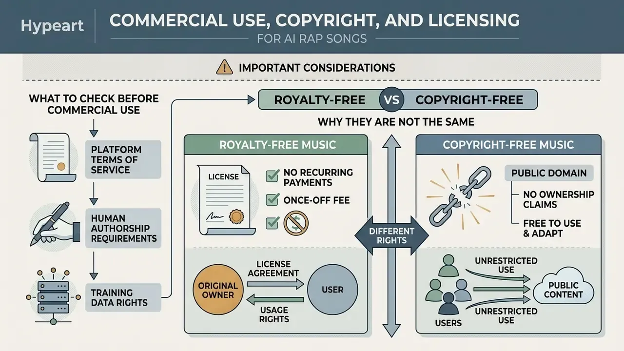 Infographic comparing royalty-free and copyright-free music rights through a checklist and side-by-side boxes
