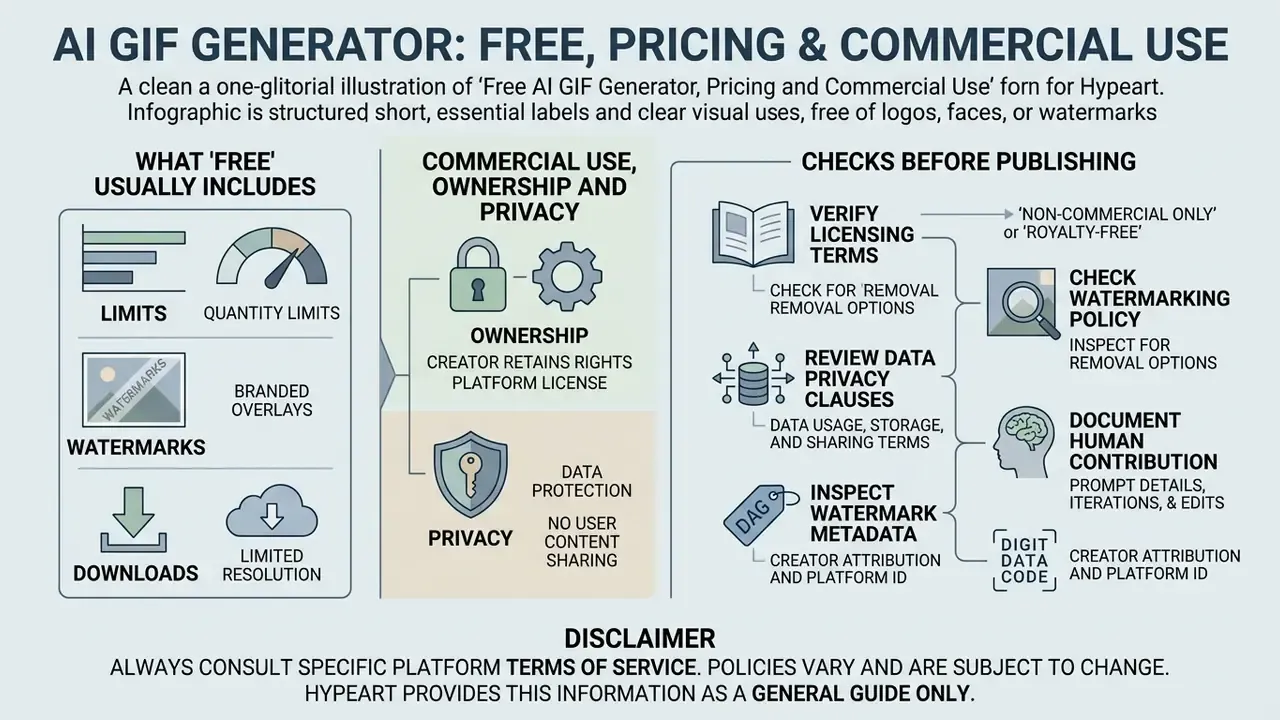 Summary infographic detailing usage limits, ownership rights, and essential pre-publishing safety checks