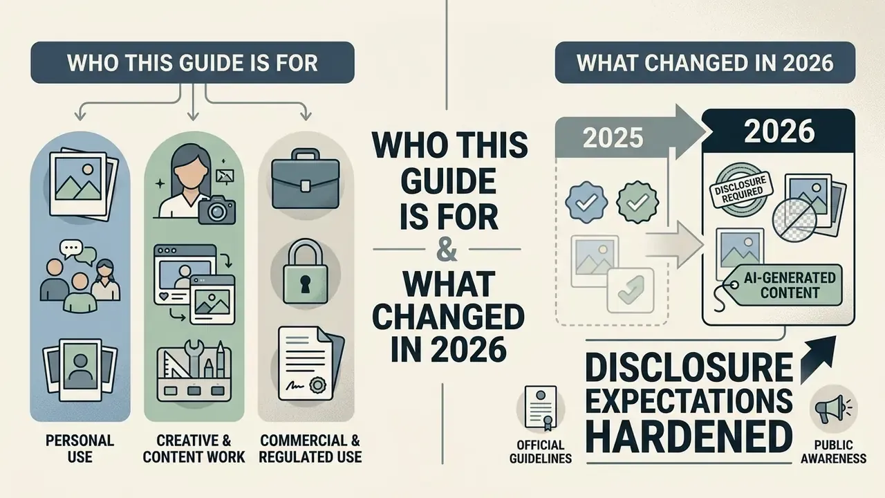 Infographic showing three user categories and the shift toward stricter disclosure for AI-generated content