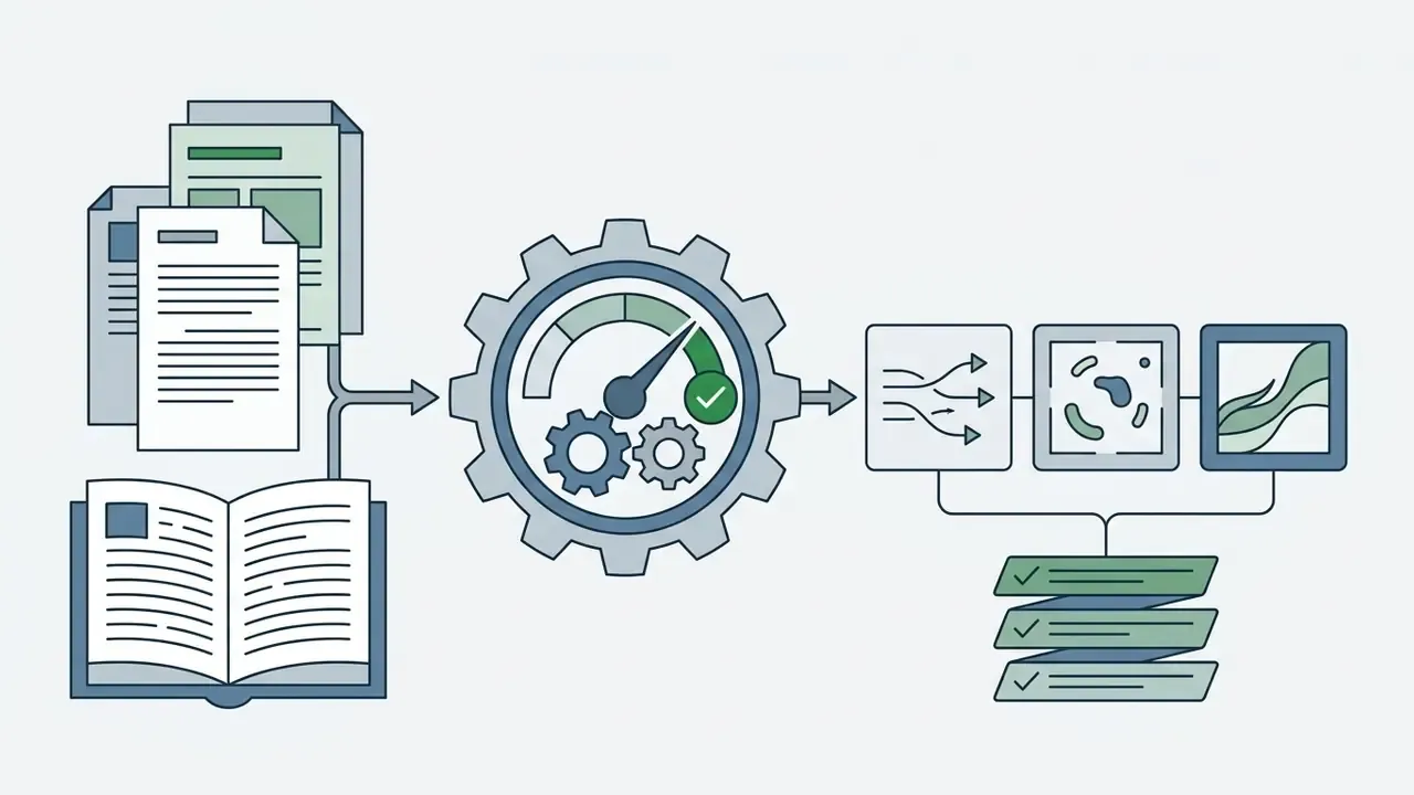 Documents and an open book feed into a gear mechanism that connects to processed output panels
