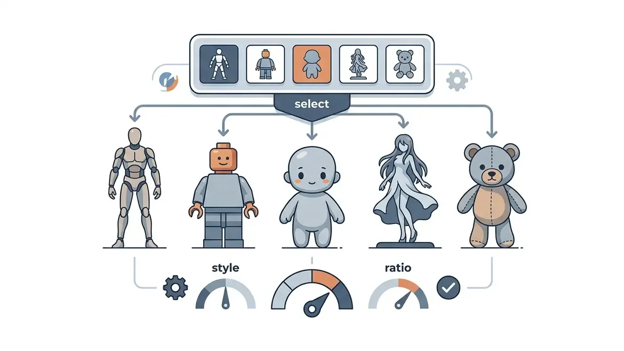 Menu showing five toy style icons branching down to corresponding character figures and setting gauges