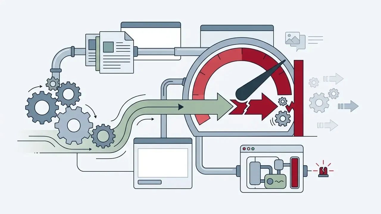 System of gears and pipes feeding into a speedometer that hits a red limit and triggers an alarm
