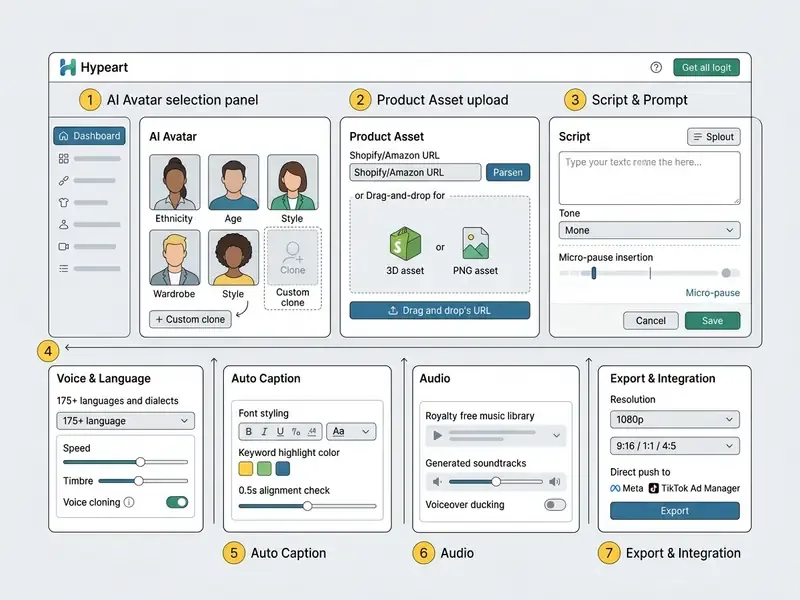 Annotated dashboard interface showing settings for avatar selection, product assets, scripts, and audio