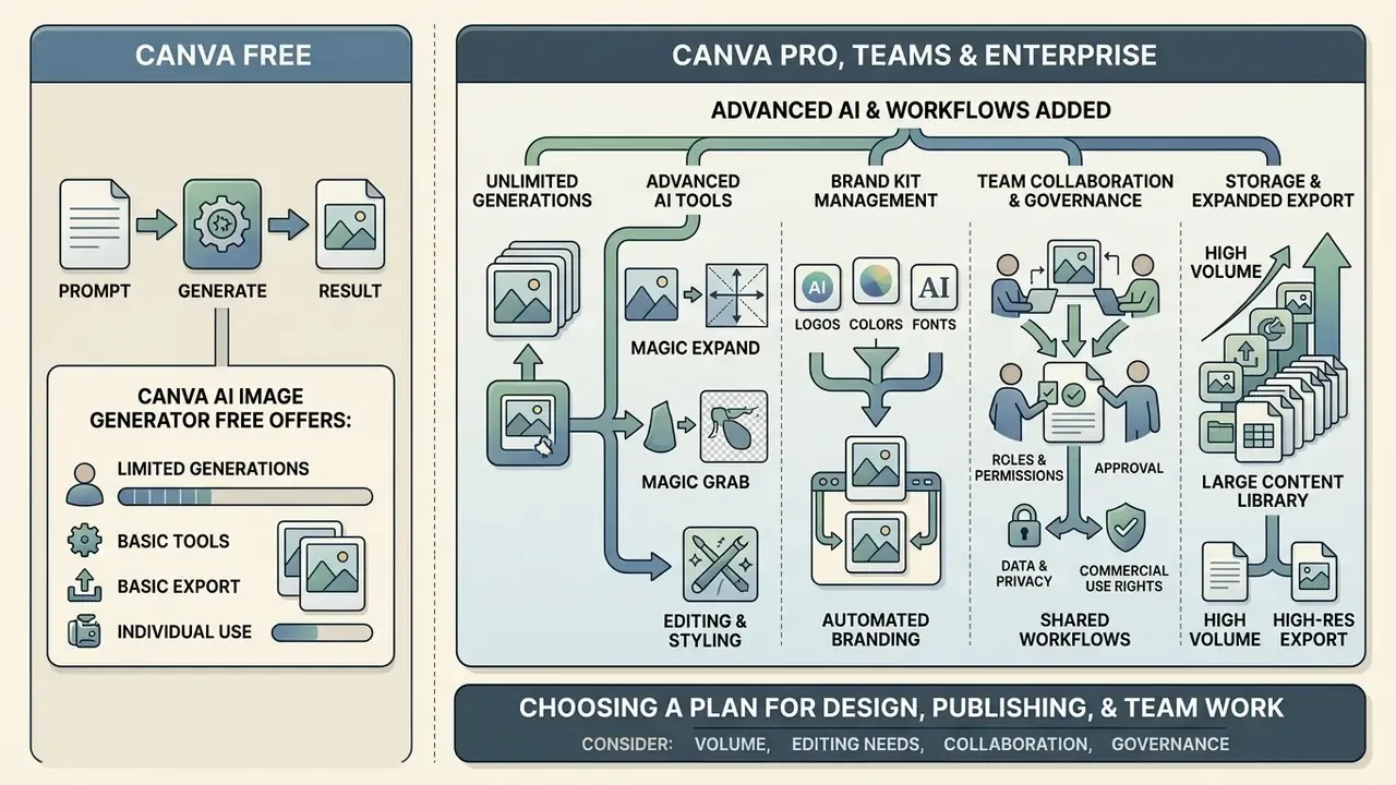 Comparison of free versus paid subscription features for AI image generation and team workflows