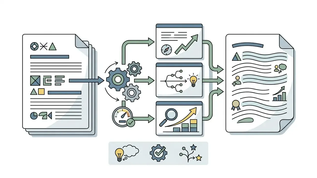Documents feeding into a central gear processor that analyzes data to produce a refined final report