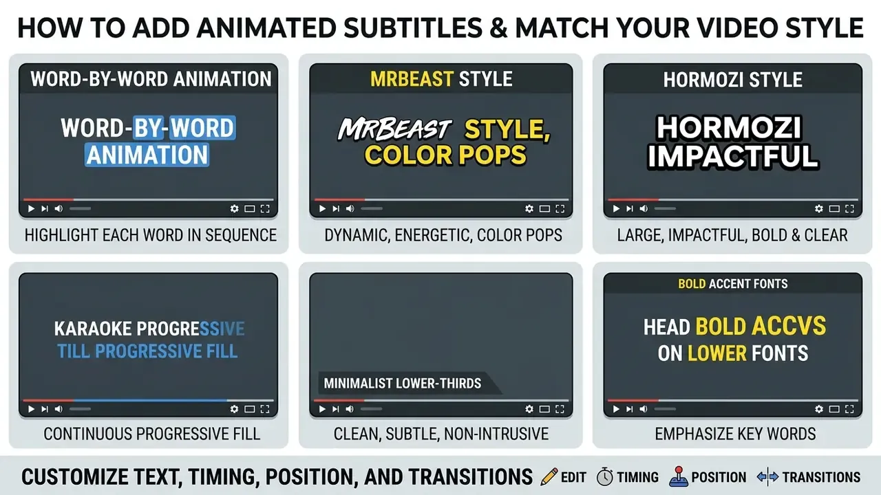 Grid of video player previews demonstrating various animated subtitle styles and customization options