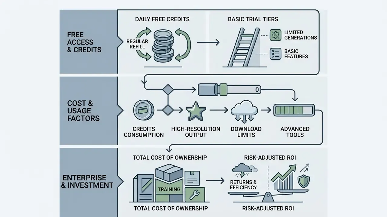 Infographic comparing free access, usage costs, and enterprise investment for AI generation services