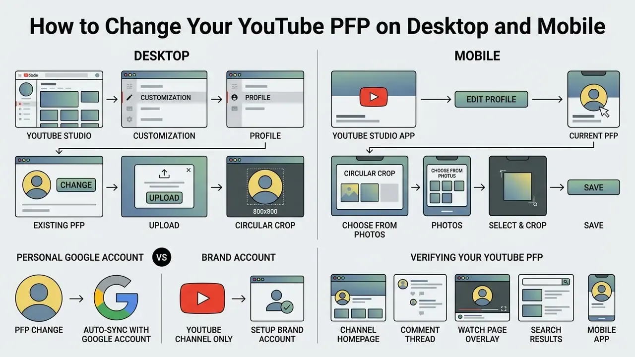 Step-by-step guide showing navigation paths for updating channel avatars on computer and smartphone