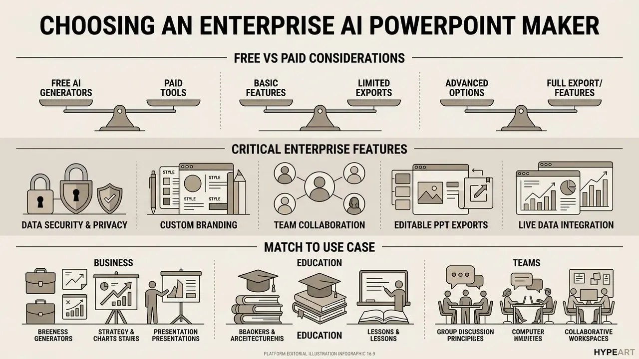 Infographic comparing free versus paid presentation tools, enterprise features, and specific use cases