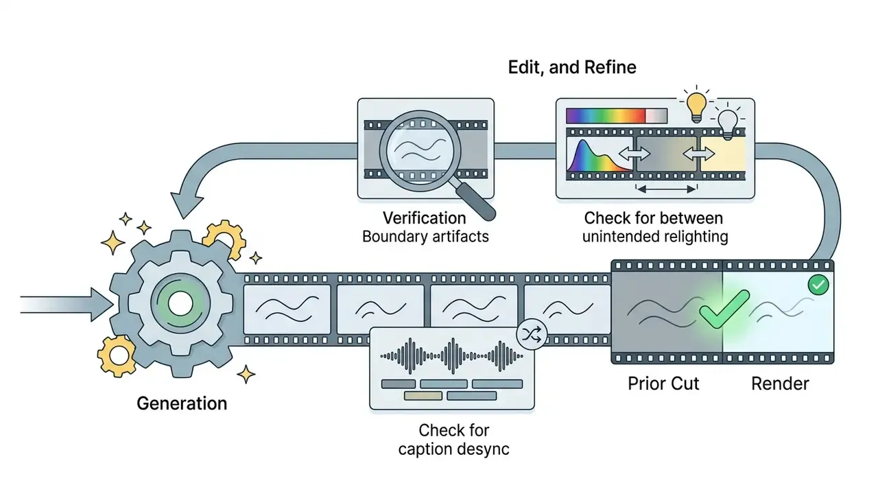 Circular workflow showing video generation, verification of artifacts, and comparison of render frames