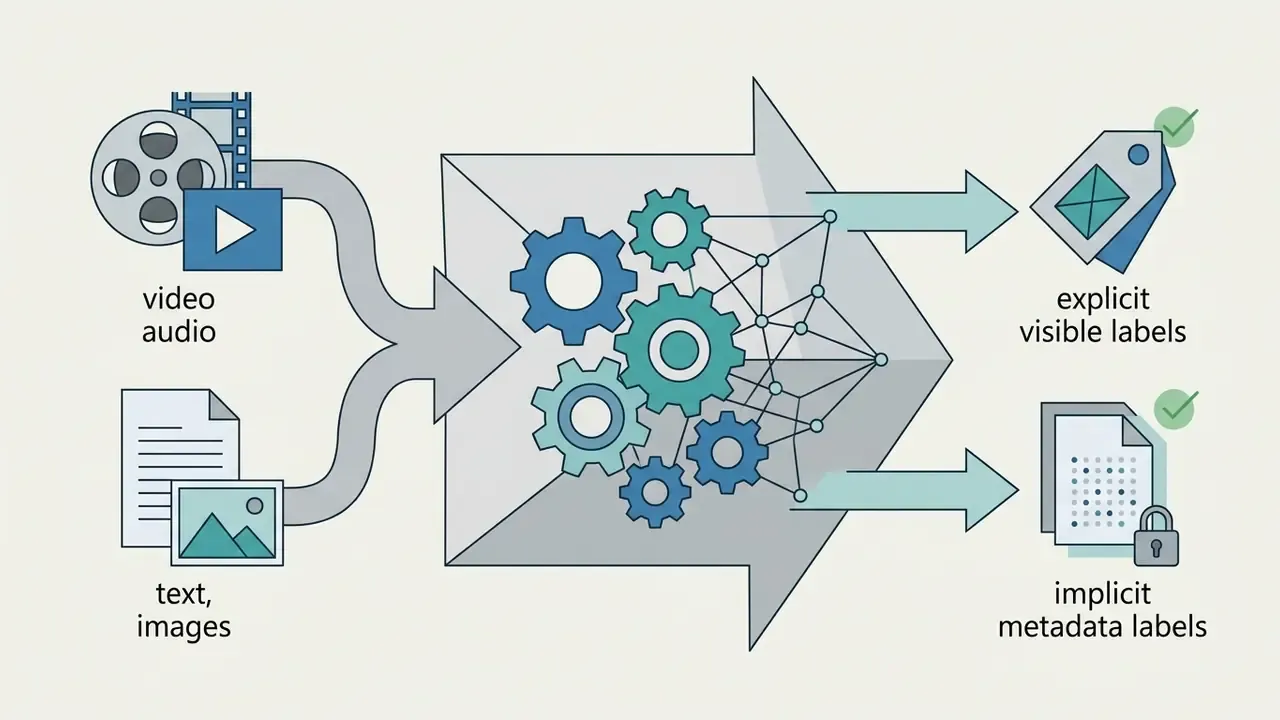Media inputs flowing through a gear processor to produce explicit labels and implicit metadata tags