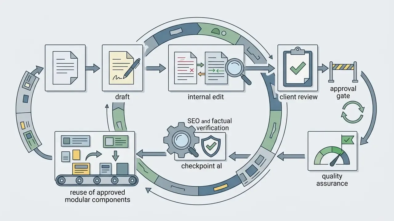 Circular workflow showing drafting, editing, client review, SEO verification, and modular component reuse