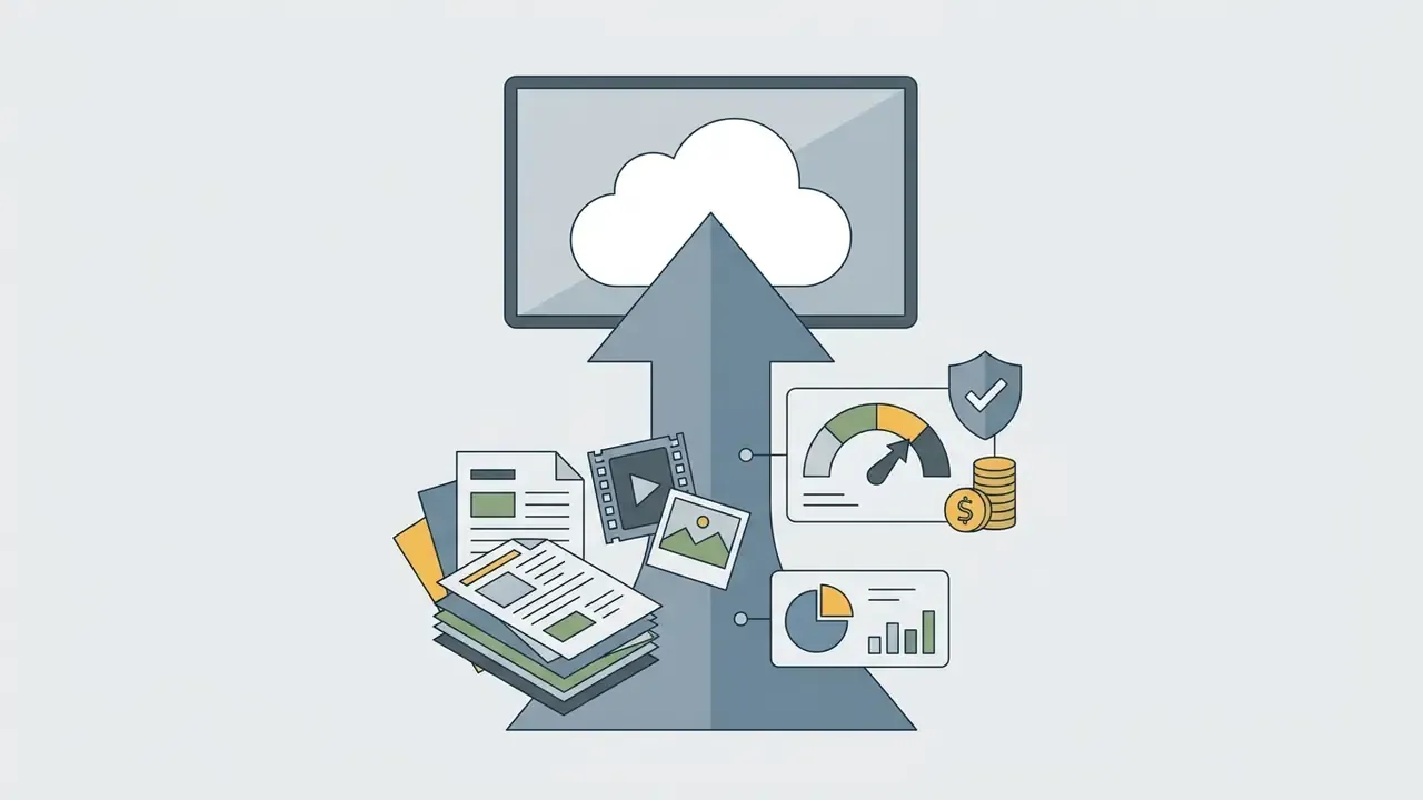 Documents and media files uploading into a cloud interface with performance and data analytics icons