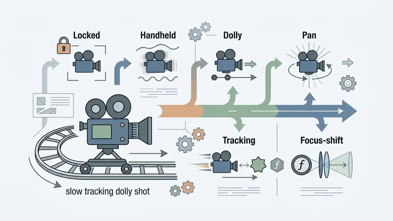 Icons of camera movements like dolly, pan, and tracking arranged along a branching path