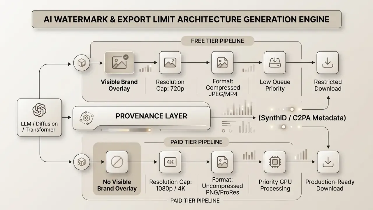 Flowchart comparing free and paid AI generation pipelines with provenance and export constraints