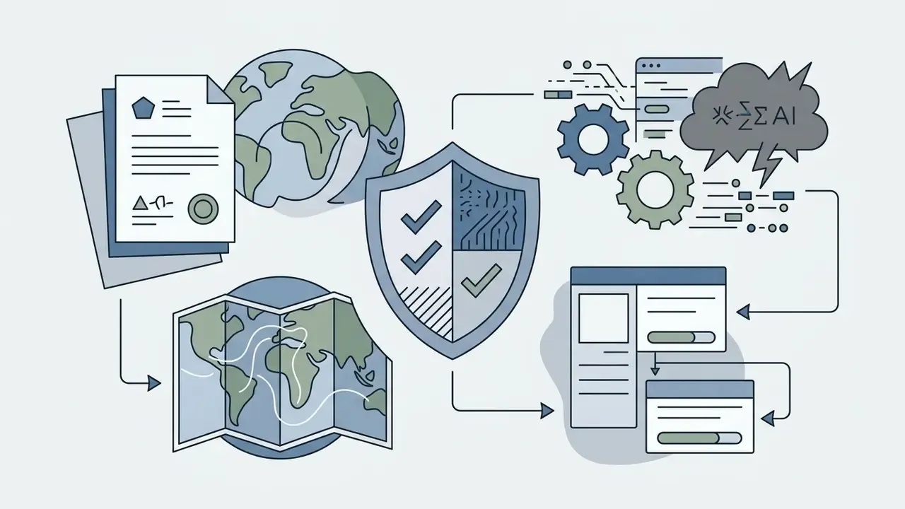 Shield icon connecting compliance documents and maps to digital processing gears and risk clouds