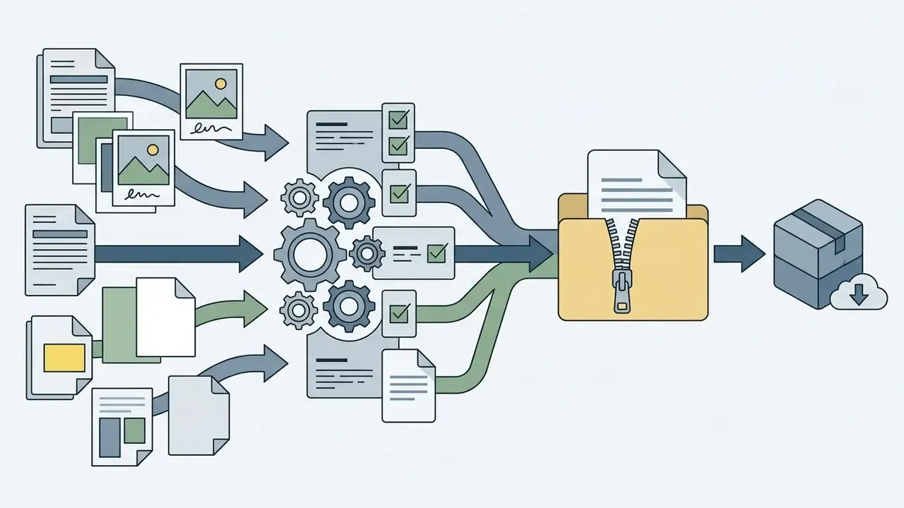 Multiple document images being processed through gears into a single compressed ZIP archive for download