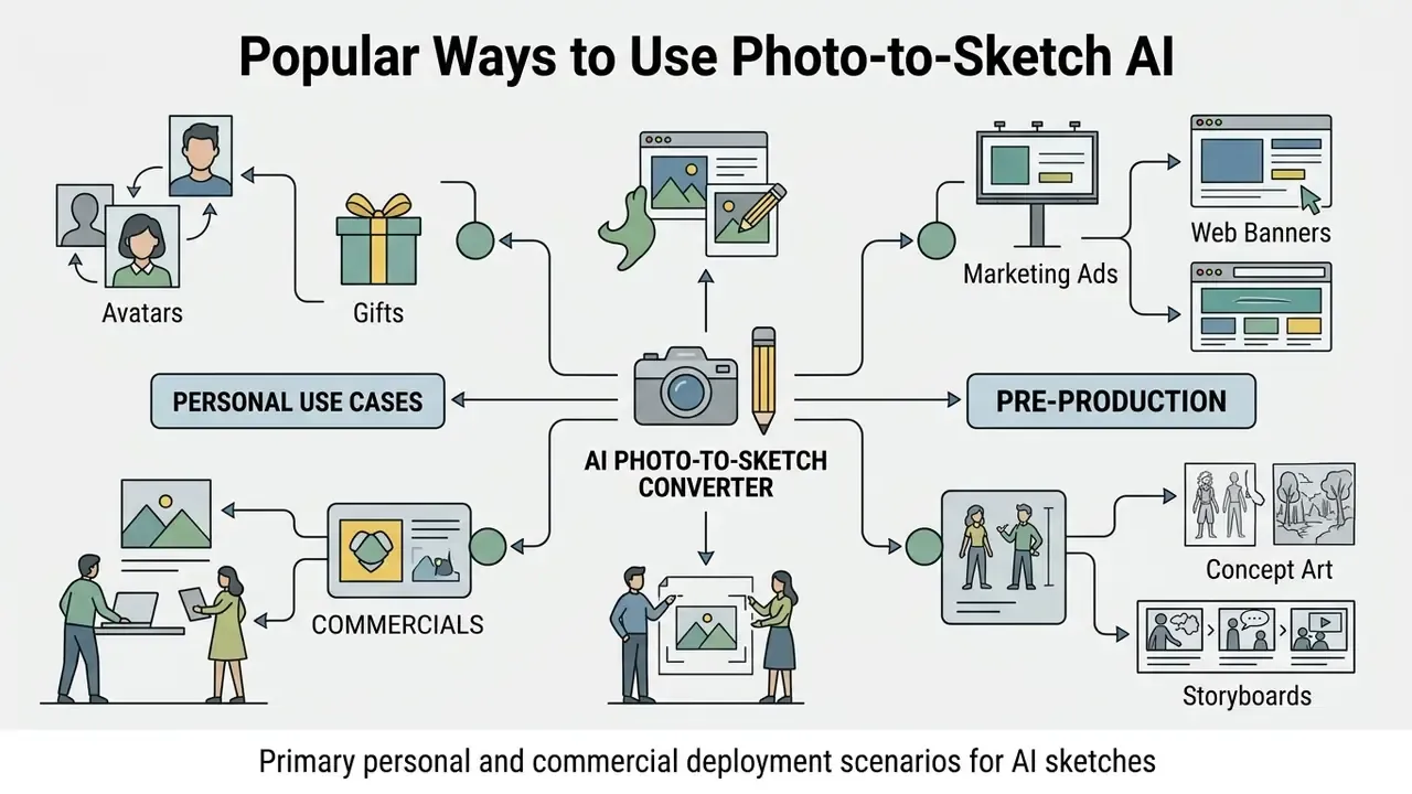 Diagram showing personal, commercial, and pre-production deployment paths for AI photo-to-sketch tools