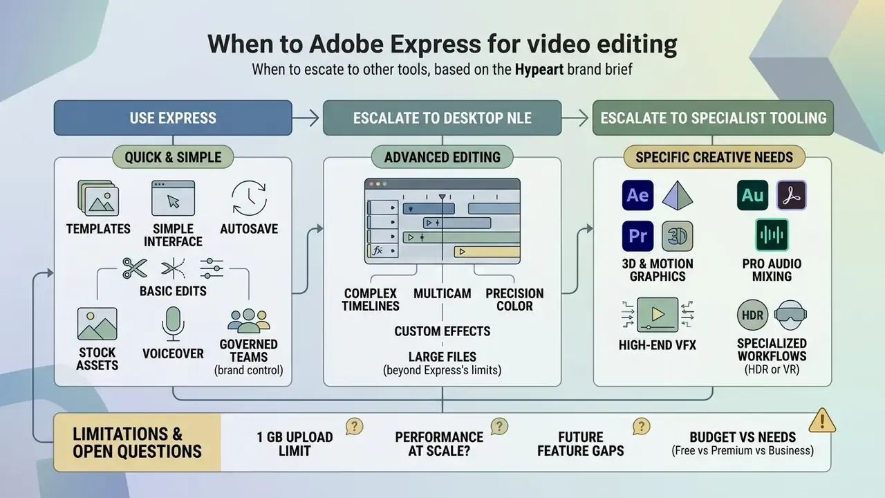 Flowchart comparing use cases for web-based editing, desktop software, and specialist creative tools