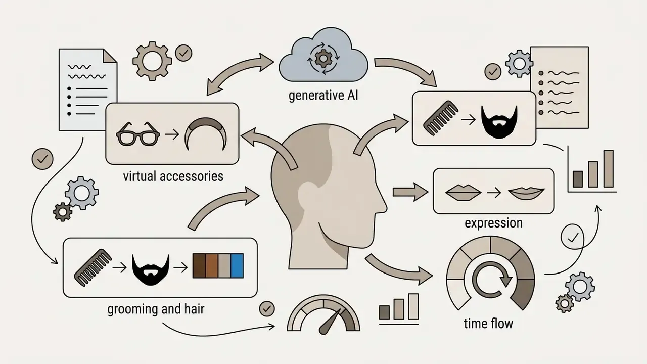Human head silhouette surrounded by icons for virtual accessories, hair grooming, expressions, and aging