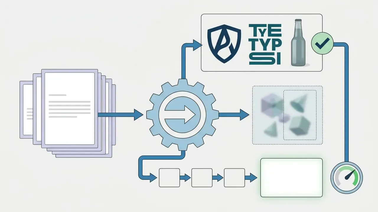 Documents feeding into a gear mechanism that outputs branded assets and abstract shapes for review