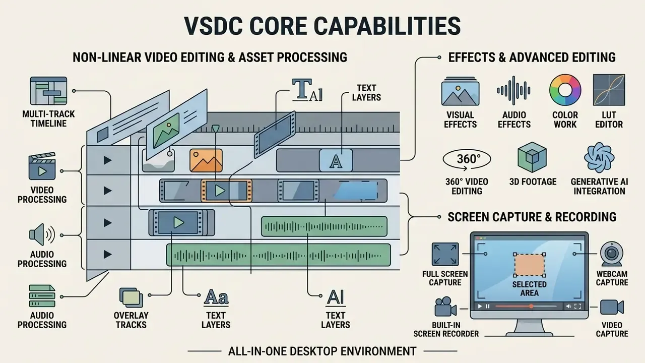 Diagram showing non-linear video editing, visual effects, and screen recording tools in one interface