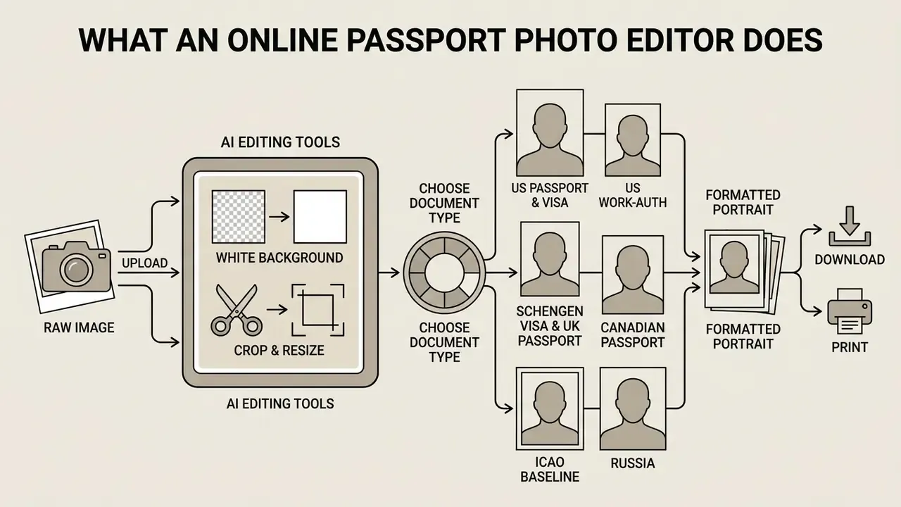 Flowchart showing how an online passport photo editor uses AI to process raw images into valid document portraits