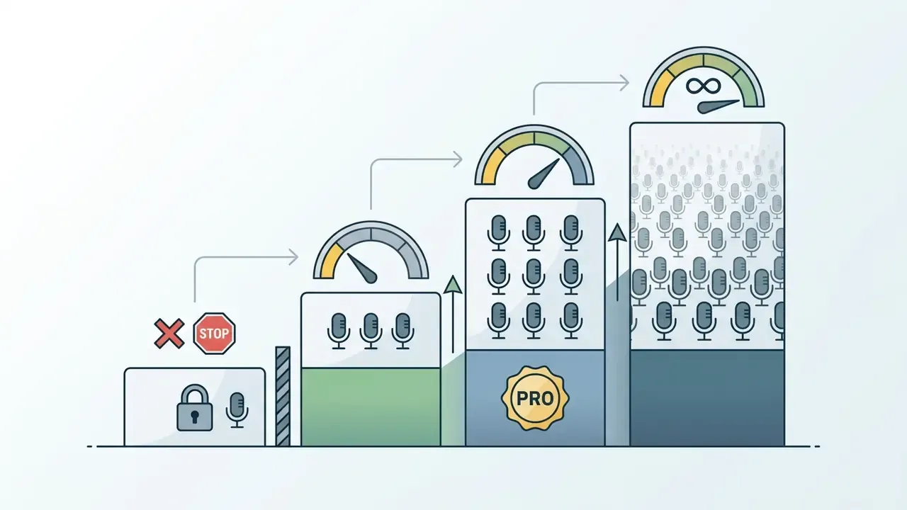 Bar chart showing increasing voice model slots across subscription tiers with gauges and lock icons