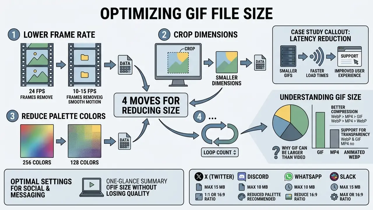Four steps for reducing GIF file size including frame rate, dimensions, palette colors, and loop count