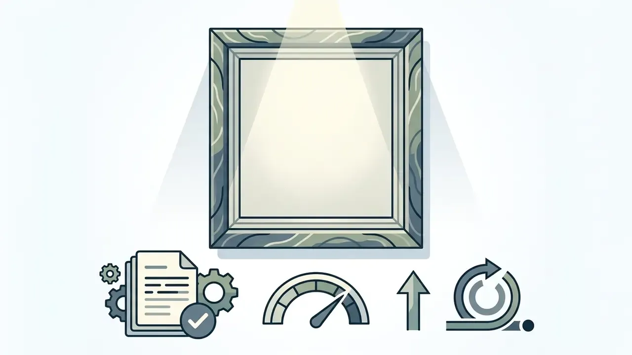 Empty ornate picture frame illuminated by a spotlight above icons representing document processing and cycles