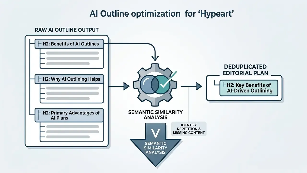 Process showing raw content headers being refined through semantic analysis to create a deduplicated plan