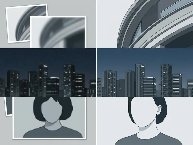 Split screen comparison showing blurry low-resolution photos transformed into sharp high-resolution images